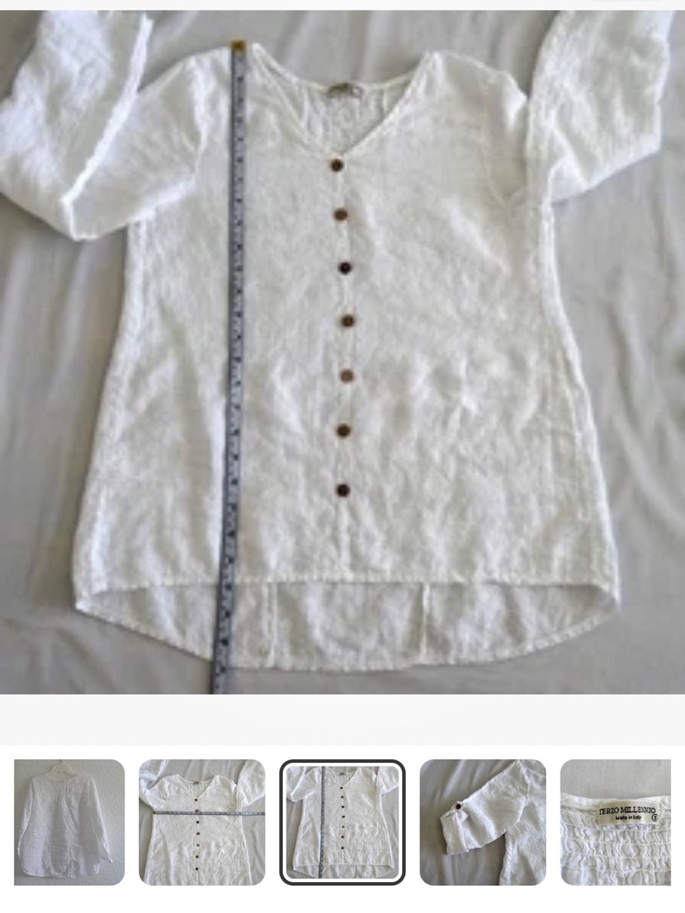 White Linen Button-Front Italy V-Neck Blouse small lagenlook - Picture 5 of 9